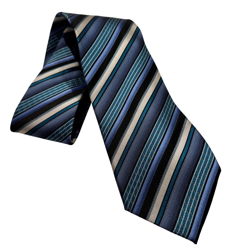 John Ashford Mens Blue Black White Striped Silk Necktie Stain Resistant Handmade